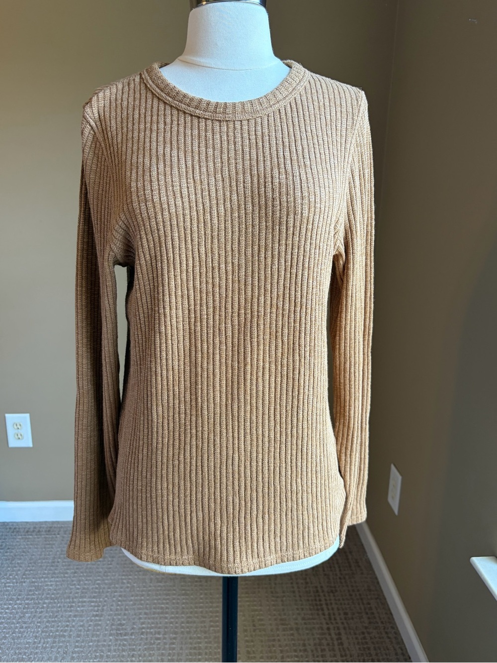 Everlane Camel Brown Ribbed Crewneck Sweater XL Neutral Minimalist Academia